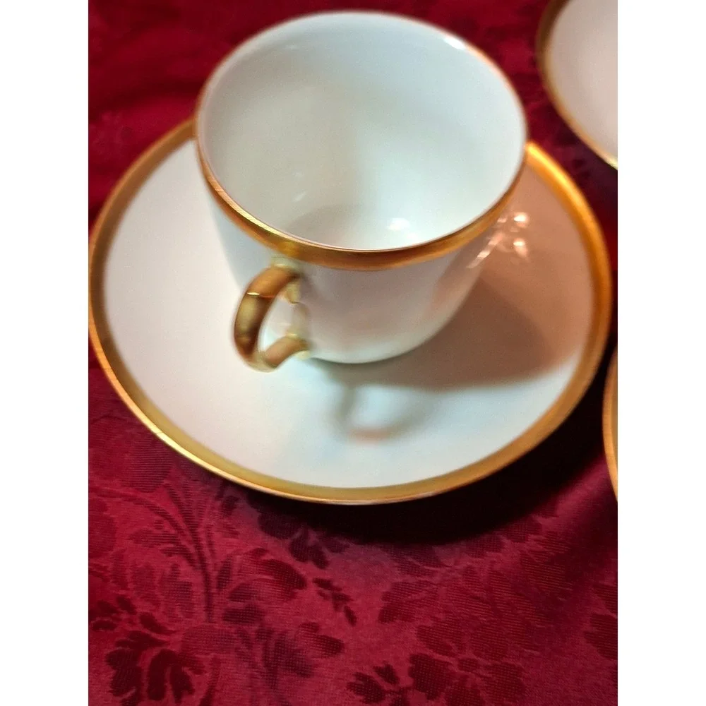 3 Haviland Limoges France Gold Gilt White‎ Porcelain Demitasse Cup & Saucers